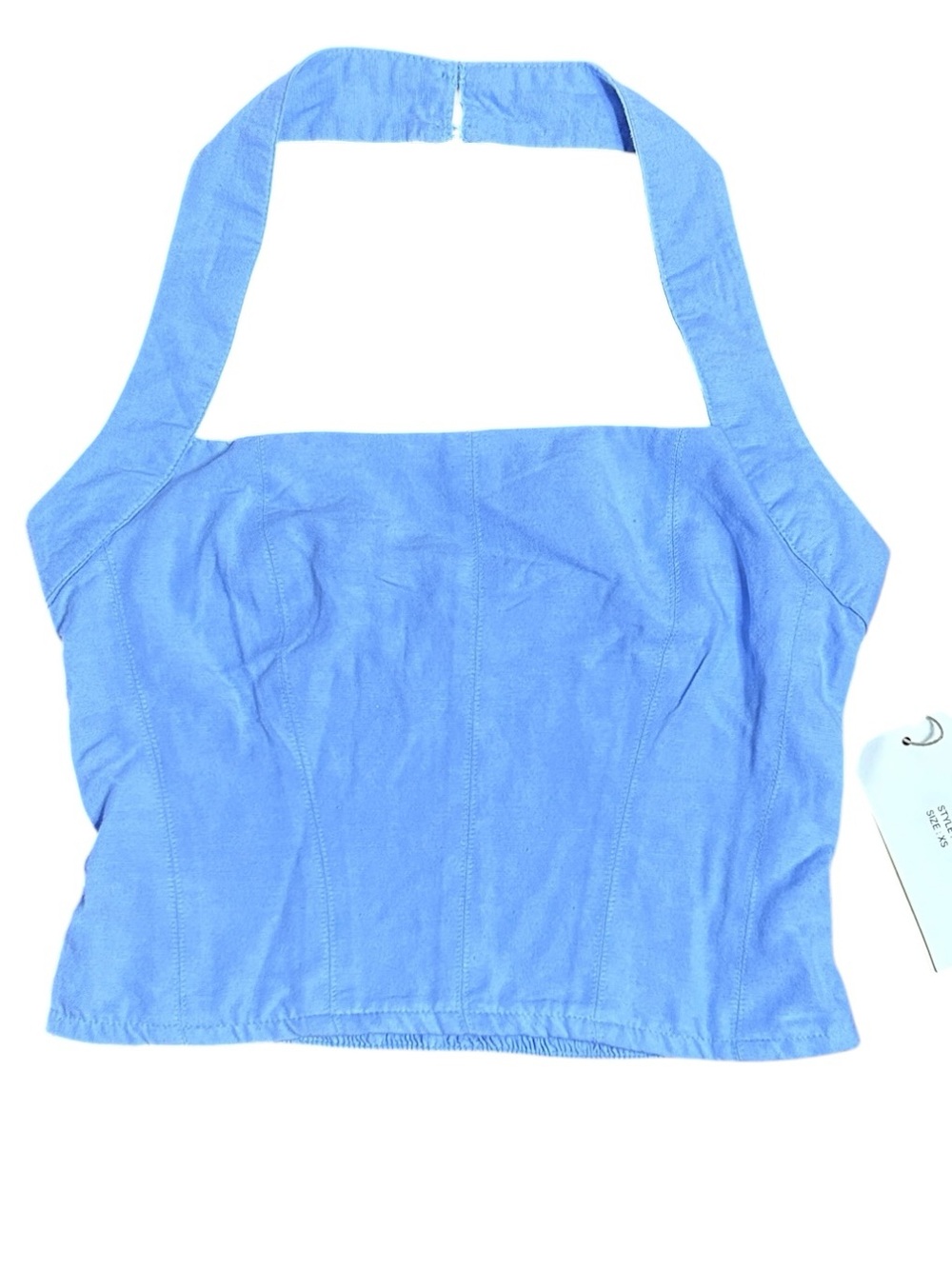 NWT Midnight Sky Blue Linen Blend Halter Crop Top XS Smocked Back